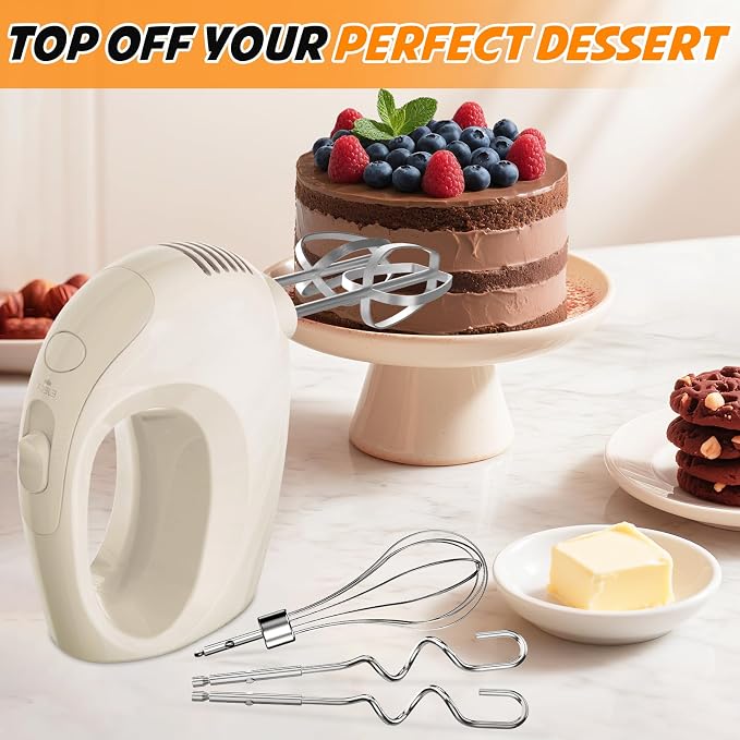 Handmixer Electric Handheld - 5 Speed Portable Kitchen Mixer Electric with 5 Stainless Steel Accessories Whisk, Food Beater for Whipping Mixing Cookies(Beige)