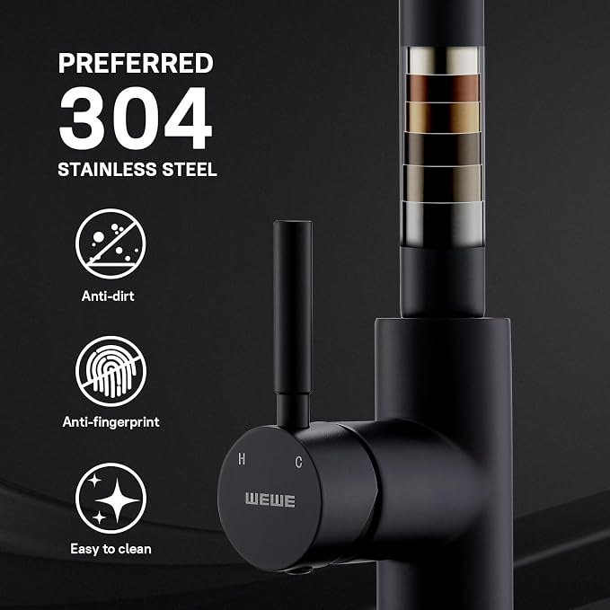 WEWE Black Kitchen Faucet, Leak Proof Kitchen Faucets with Pull Down Sprayer Commercial Stainless Steel Single Handle Single Hole Kitchen Sink Faucet for Farmhouse Camper Laundry Rv Bar
