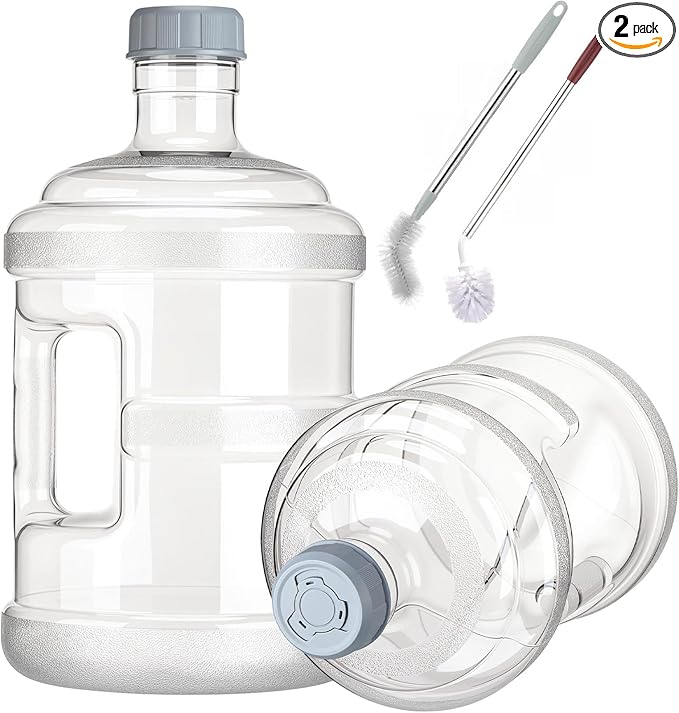 Funnymoom 2 Pack 1.32 Gallon Water Bottle Jug with Handle and 2 Extendable Cleaning Brushes, Food-grade Fda Compliant Reusable Water Container, Stackable 5l Jug for Cooler, Camping, Office and Home