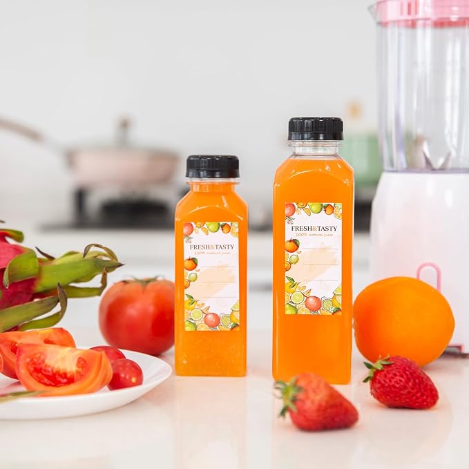 TOMNK 100pcs Juice Bottles, 12oz Plastic Bottles with Caps, Reusable Juice Bottles with Caps Clear Bulk Beverage Containers with Lids, Label, Funnel and Brush for Juicing, Milk, Smoothie and Beverages