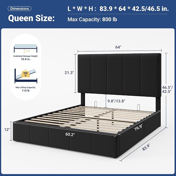 Allewie Queen Size Velvet Lift Up Hydrualic Storage Bed Frame, Black | Vertical Channel Tufted Headboard, Hydrualic Underneath Storage, Upholstered Platform Bed, No Box Spring Needed