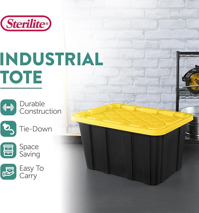 Sterilite 4-Pack 27 Gallon Industrial Storage Tote, Heavy-Duty Plastic Bins, Black/Yellow - Stackable Utility Organizers with Lids for Garage, Camping Tools, and Outdoor Gear