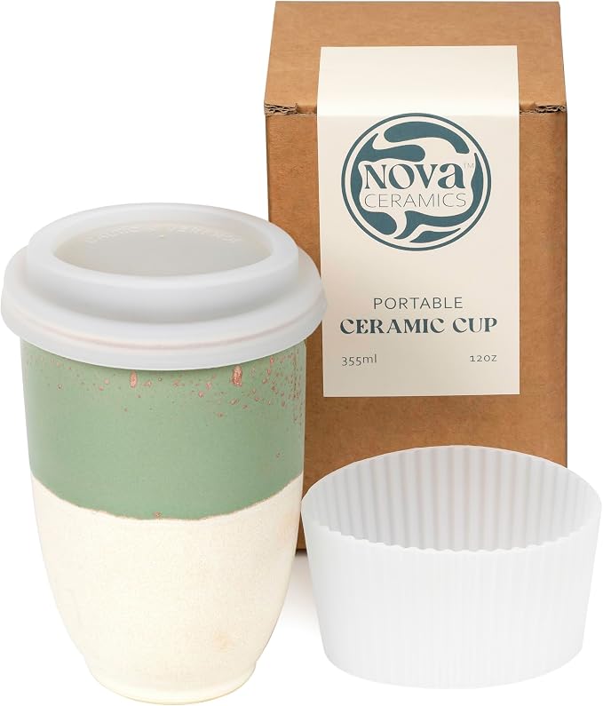 NOVA CERAMICS Travel Mug - Ceramic To Go Coffee Mug With Lid – Travel Mug Ceramic To Go Cup – Microwave & Dishwasher Safe Ceramic Coffee Mug With Lid - Gifts For Women Men Him Her – 12oz – Sage Green