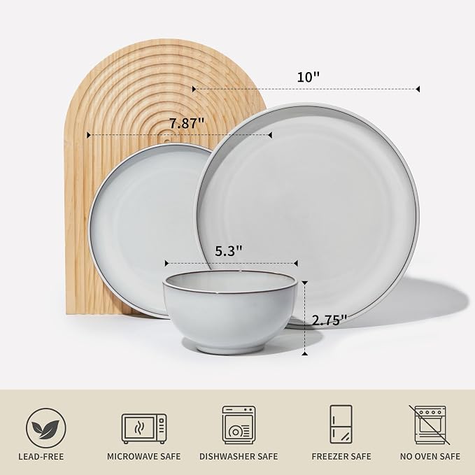Pokini 24 Piece Stoneware Dinnerware Set for 8, Moonstone White Plates and Bowls Set, Reactive Glaze Ceramic Dish Set, Durable & Chip Resistant, Modern Rustic Look, Microwave & Dishwasher Safe