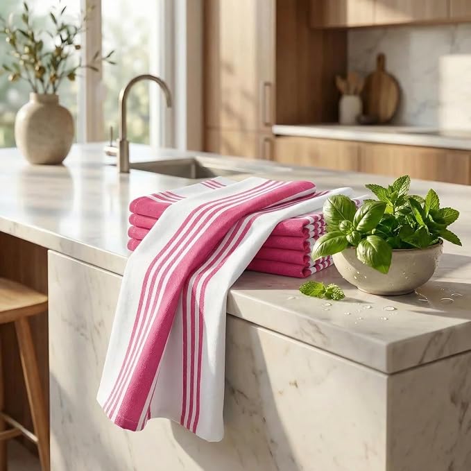 Urban Villa Kitchen Towels 100% Cotton Dish Towels for Kitchen(Set of 6)20”x30” Dish Cloths Highly Absorbent Kitchen Linen Set with Hanging Loop Perfect for Drying Dishes Cleaning Towels-Fuchsia White