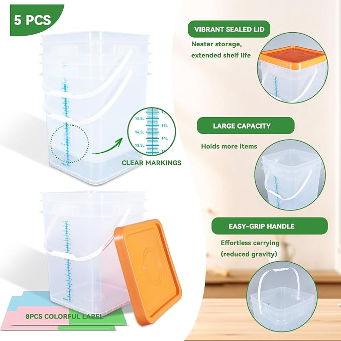 5 Pack 5 Gallon Square Plastic Bucket with Lids and Graduation Marks, Food Grade Clear Storage Containers for Kitchen & Industrial, BPA Free Heavy Duty Pail with Handle for Liquid, Paint, Grain