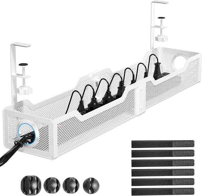 [Upgraded] 25" Extra Large Under Desk Cable Management, Cinati Wire Organizers No Drill, Cable Tray with Clamp for Wire Management, Cord Organization Box for Office, Home - No Damage to Desk(White)