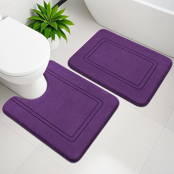 YIHOUSE Memory Foam Bath Mat Set, Bathroom Rugs Sets 2 Pieces, Non Slip Bath Mats for Bathroom, Super Soft and Water Absorbent Bath Rug Set, Machine Washable U Shape Rug,Purple