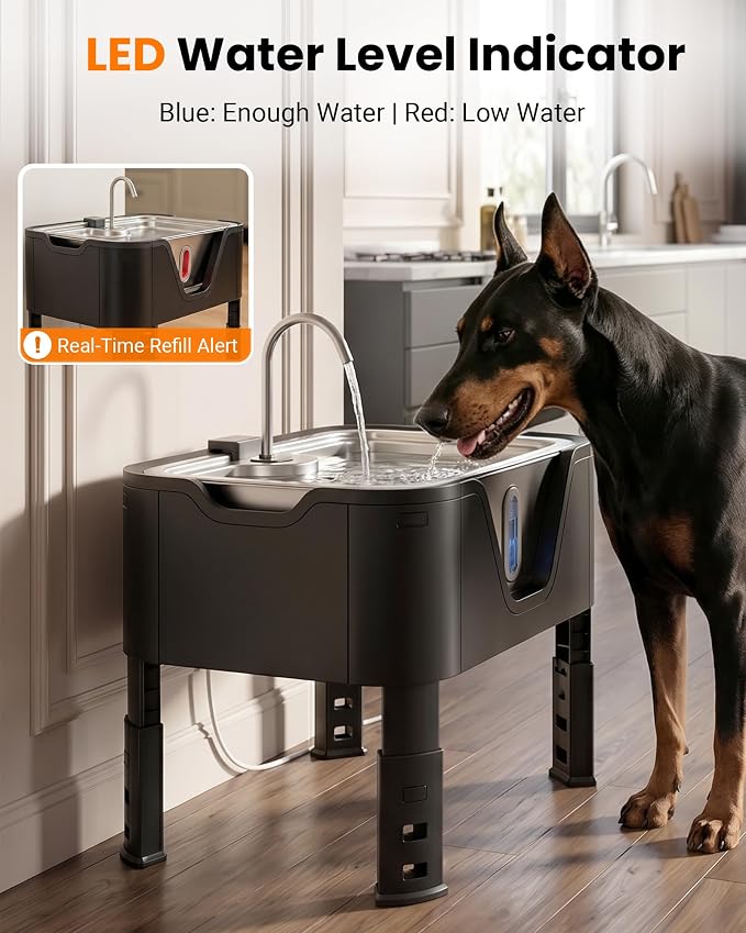 4.75Gal/ 18L Large Dog Water Fountain Elevated Dog Water Bowl & 3 Filters | 3-Height Adjustable Dog Water Bowl Dispenser, Quiet Stainless Steel Pet Water Fountain for Giant Breeds, Water Level Alert