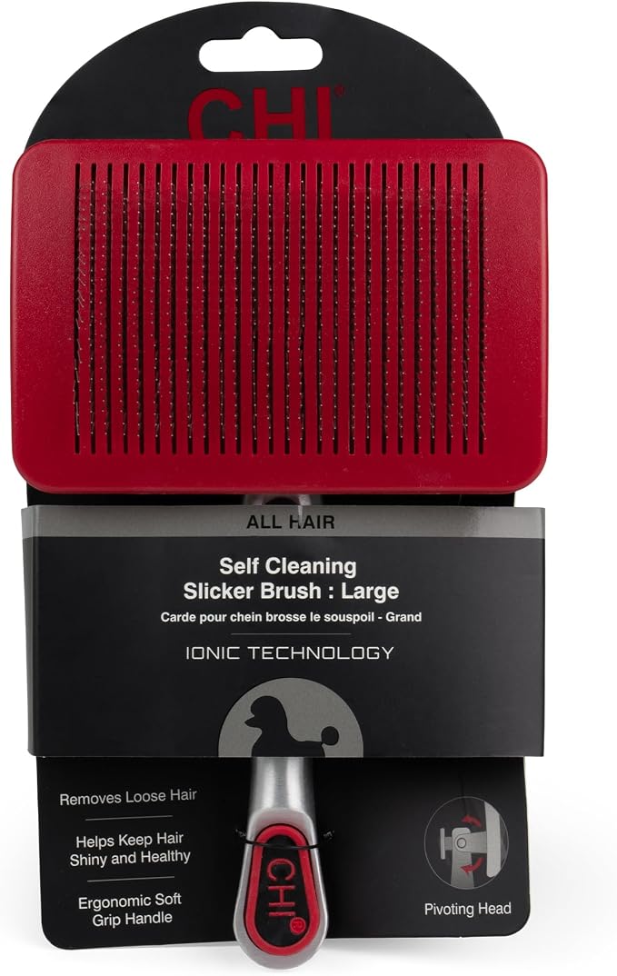 CHI for Dogs Self Cleaning Slicker Brush with Pivoting Head, Dog Grooming Brush for Detangling and Removing Loose Hair, Fine Wire Pins for Medium and Long Dog Coats, Ergonomic Handle