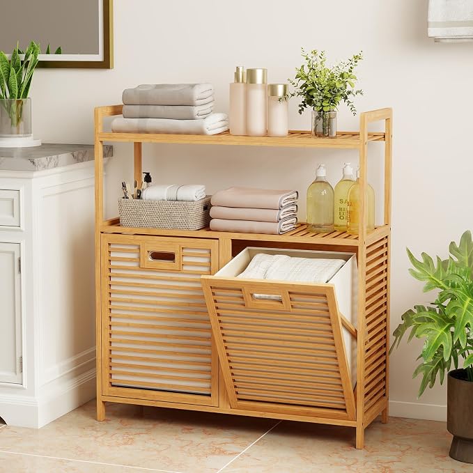 Giantex Double Tilt Out Laundry Hamper w/2-Tier Storage Shelf | 14 Gal Bamboo Laundry Storage Cabinet w/Removable Laundry Baskets, Laundry Sorter Organizer for Bathroom Living Room Bedroom