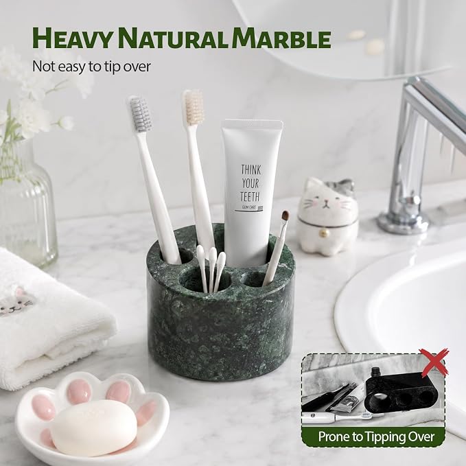 BCS Toothbrush Holder for Bathrooms, Cute 4 Slots Marble Toothbrush and Toothpaste Holder Stand Bathroom Organizer Countertop for Electric Toothbrush, Floss, Razor, Comb - Indian Green