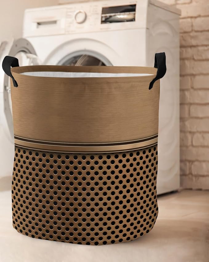 Collapsible Laundry Basket 42L, Brown Metal Hole Storage Bin Laundry Hamper with Handles, Modern Copper Net Eye Hole Pattern Waterproof Clothes Baskets for Bathroom/Bedroom 13.8 x 17 In