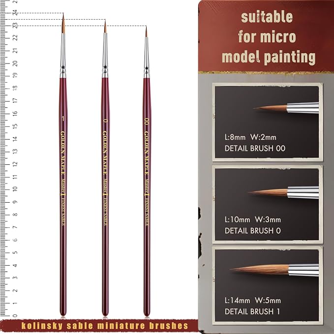 Kolinsky Sable Miniature Paint Brushes, Professional Fine Detail Paint Brushes, Golden Maple Round Point Paint Brush for Miniatures, Watercolor Details, Figures & Acrylic - Size 00, 0, 1
