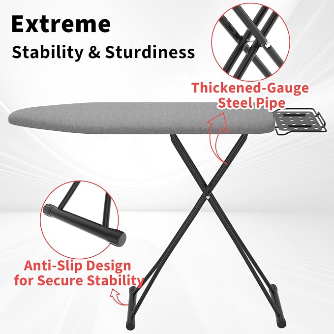 Ironing Board, 43"×13" with Iron Rest, 4 Layer 7 Adjustable Height & Sturdy | Iron Board with Bulit-in Hook and Hanger Bar, Heat Resistant Cover and Pad for Home Apartment Laundry Room Dorm, Gray