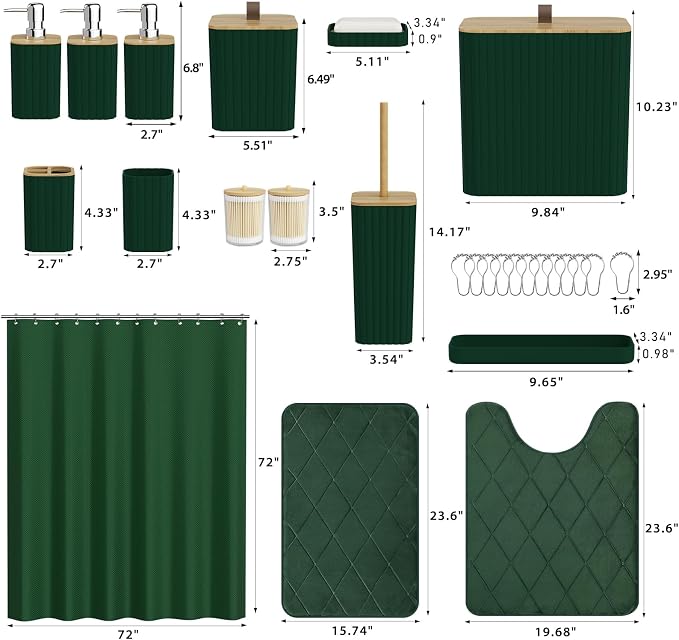 Bathroom Accessory Set - Bathroom Sets with Shower Curtain and Rugs, Green Bathroom Set, 27PC Bathroom Accessories Set, Mini Trash Can, Toilet Brush, Trash Can & Soap Dispenser