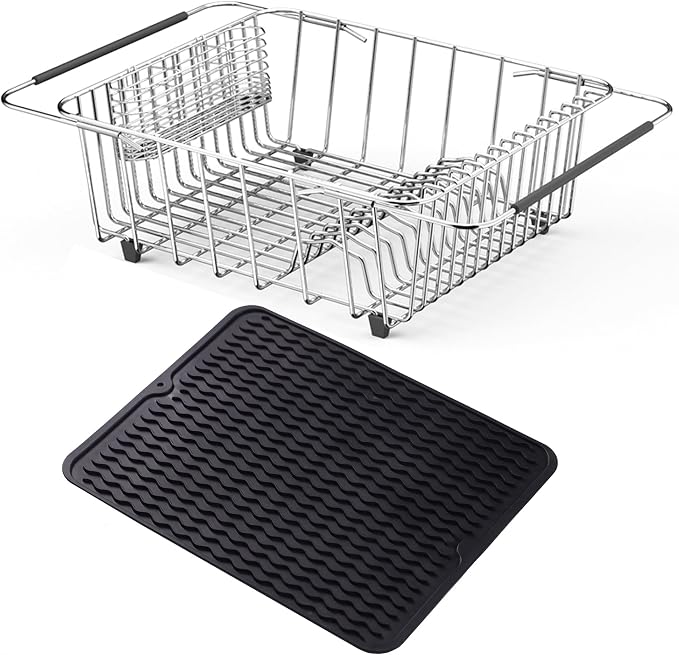 NiuYichee Stainless Steel Dish Drying Rack(15" L X 12.6" W X 4.7" H), Expandable Fruit & Vegetable Drain Rack Over Sink, Dish Drainer Rack in Sink, with Utensil Holder & Silicone Mat(16")