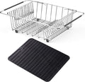 NiuYichee Stainless Steel Dish Drying Rack(15" L X 12.6" W X 4.7" H), Expandable Fruit & Vegetable Drain Rack Over Sink, Dish Drainer Rack in Sink, with Utensil Holder & Silicone Mat(16")