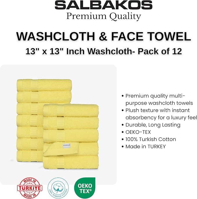 SALBAKOS 12-Piece 100% Turkish Cotton Washcloths and Face Towels, Yellow | 13x13 in Standard Size Small Towel, Multi-use Bathroom & Kitchen, Thick Super Soft Absorbent Durable, Oeko-Tex Made in Turkey