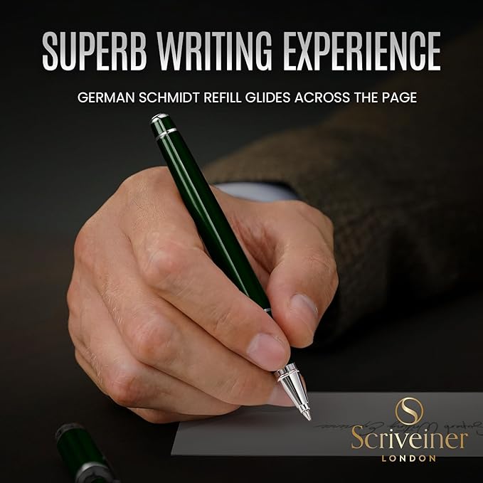 Scriveiner Personalized British Racing Green Rollerball Pen - Stunning Green Lacquer Luxury Pen with Chrome Finish, Schmidt Ink Refill, Engraved Roller Ball Gift Set for Men & Women, Custom Engraving