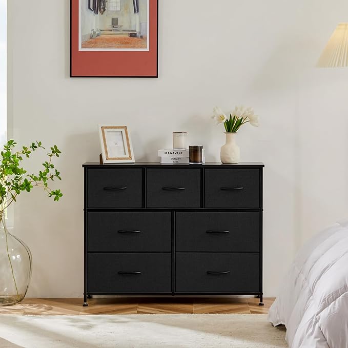 Sweetcrispy 7 Drawer Dresser Storage Organizer with Fabric Bins, Black | Sturdy Steel Frame and Wood Top, Easy Pull Handles, for Bedroom Closet Hallway Entryway