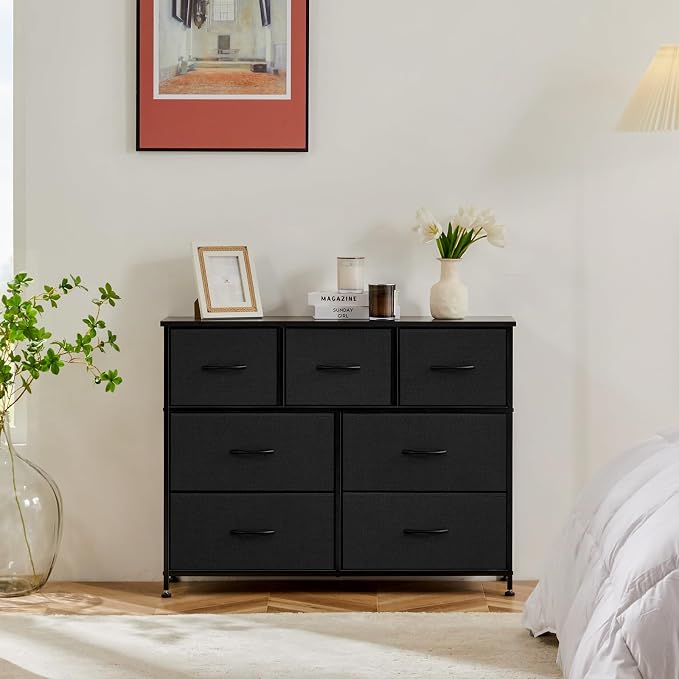 Sweetcrispy 7 Drawer Dresser with Fabric Bins Fabric Storage Tower Organizer for Bedroom Closet Hallway Entryway Tall Chest of Drawers with Steel Frame Wood Top Easy Pull Handles,Black