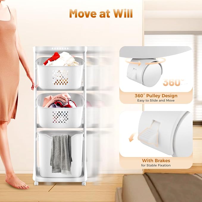 3 Tier Rolling Laundry Hamper Large Capacity Clothes Storage Basket Sorter Cart,White Organizer Shelf with Handle,Household Utility Basket for Bathroom Bedroom Kitchen Laundry Room