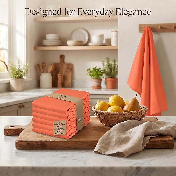 Urban Villa Kitchen Towels 100% Cotton Dish Towels for Kitchen(Set of 6) 20”x30” Dish Cloths Highly Absorbent Kitchen Linen Set with Hanging Loop Perfect for Drying Dishes Cleaning Hand Towels –Coral
