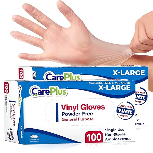 CARE PLUS Vinyl Gloves Clear Extra Large Size 200 Count | Heavy Duty, Non-Sterile, Powder-Free, Latex-Free Rubber | Food Prep, Kitchen & Cleaning Gloves, Ideal for Professional Use