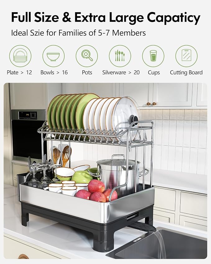2 Tier Large Stainless Steel Dish Drying Rack with Drain Board | Space Saving, Rust Proof Metal, Automatic Drainage Drainer for Kitchen Counter, Modern Black and Silver for Pots and Pans