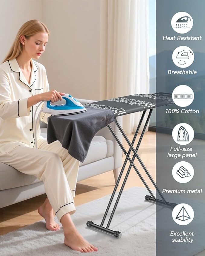 Full Size Ironing Board 54 x 13 in, Foldable with Iron Rest & Thick Pad | 7 height settings, safety lock, triple-layer heat protection, non-slip silicone feet, reinforced frame, built-in hanging hook