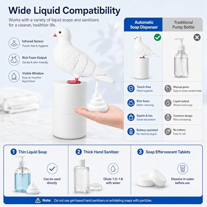 Touchless Foam Soap Dispenser, White Peace Dove Design, 300 mL | Touchless infrared foam dispensing with a refillable 300 mL tank