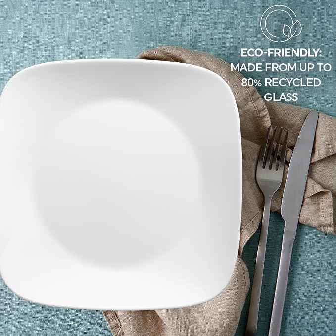Corelle Vitrelle 18-Piece Service for 6 Square Dinnerware Set Triple Layer Glass and Chip Resistant, Lightweight Square Plates and Bowls Set, Pure White