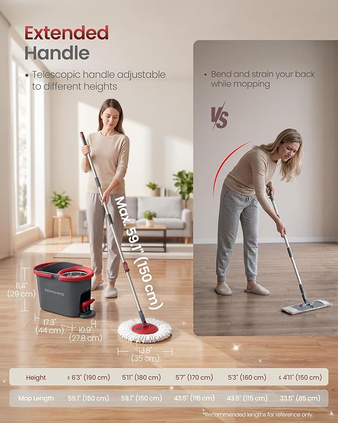 SONGMICS Spin Mop and Bucket Set with Pedal Wringer, Floor Cleaning Mop, Adjustable Telescopic Handle, Max. 59.1-Inch Length, 360° Rotating Head, 2 Microfiber Pads, Gray and Red ULMB002GT02