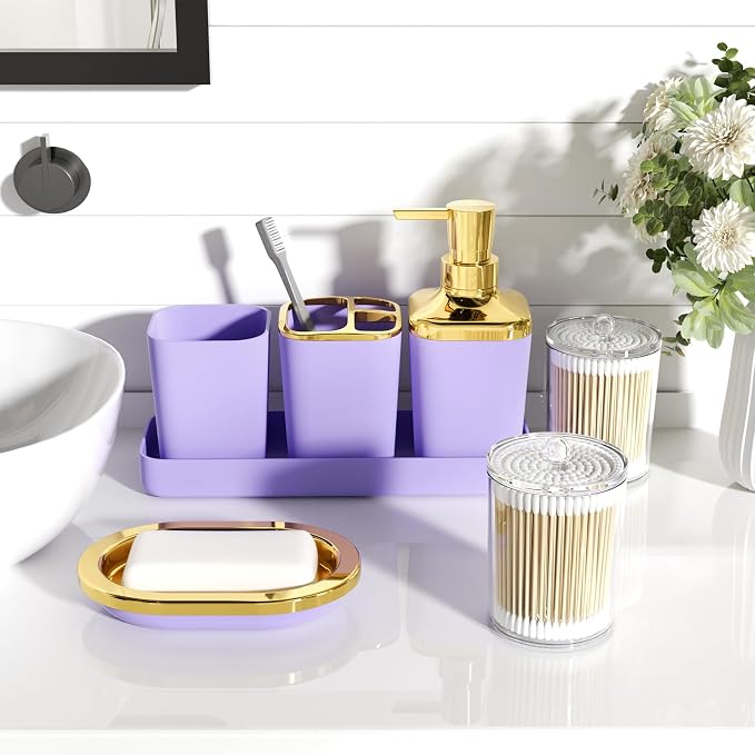 XLHOMO Bathroom Accessories Set - Luxury Purple Bathroom Set, 9 Pieces Bathroom Accessory Set, Purple Bathroom Accessories with Trash Can, Toilet Brush & Soap Dispenser