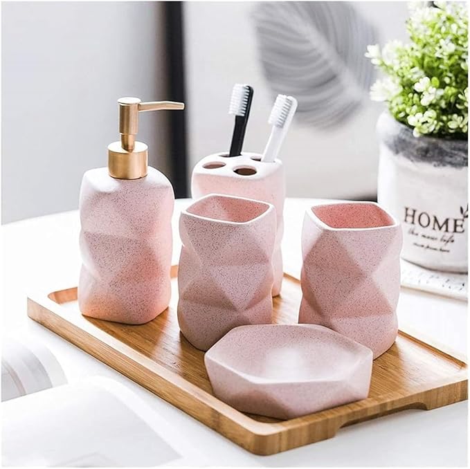 Ceramic Soap Dispenser,Foaming Hand Soap Dispenser Hand Sanitizer Dispenser, Toothbrush Holder, Soap Dish, Mouthwash Cup, Bamboo Tray(Blue)
