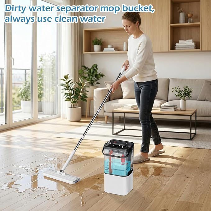 Midyb Mop and Bucket Set, 2026 Upgraded Flat Mop and Bucket System with 2 Pads, Mop Bucket with Wringer Set, Spray Cleaning, Auto Dirty Water Separation Keep Water Fresh, Mops for Floor Cleaning