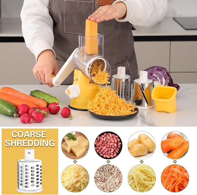 Cambom Rotary Cheese Grater Hand Crank Cheese Shredder for Fresh Cheese, Vegetable, Nuts,Non-slip Suction Base, Free Cleaning Brush Three Blades,Yellow