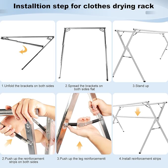 Sarahipe Sillars Clothes Drying Rack, 79 inches Laundry Drying Rack Clothing Foldable & Collapsible Stainless Steel Heavy Duty Clothing Drying Rack with Windproof Hooks for Indoor Outdoor