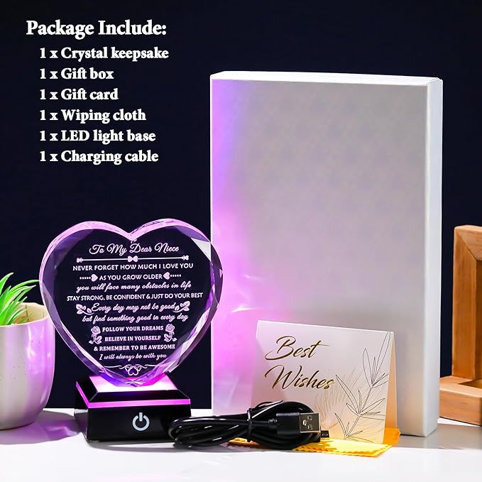 Arikyrist Niece Gifts from Auntie Uncle with Colorful LED Base, Inspirational Birthday Graduation Gifts for Niece from Aunt, Heart Crystal keepsake To My Nieces Present on Christmas