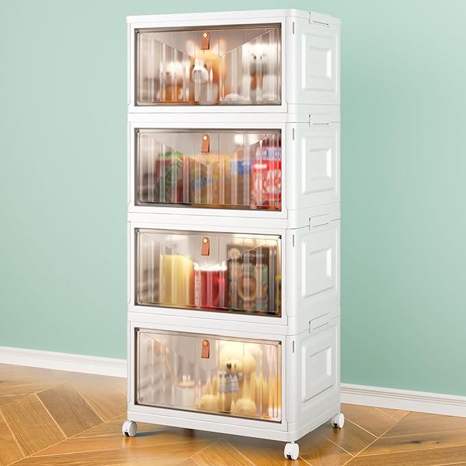 4 Tier Storage Bins with Lids, 23QT Stackable Closet Organizers and Storage with Wheels, Collapsible Storage Boxes, Foldable Plastic Storage Containers for Home,Office, Dorm Room-White