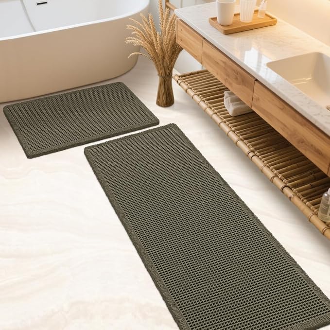 IM HOME Waffle Bath Mat Set 2 Piece Olive Green,Woven Modern Bath Rug Mats, Absorbent Non Slip Bath Floor Mat, Soft Washable Boho Bath Rugs with Tassels for Bathroom, Bedroom, Kitchen,Tub