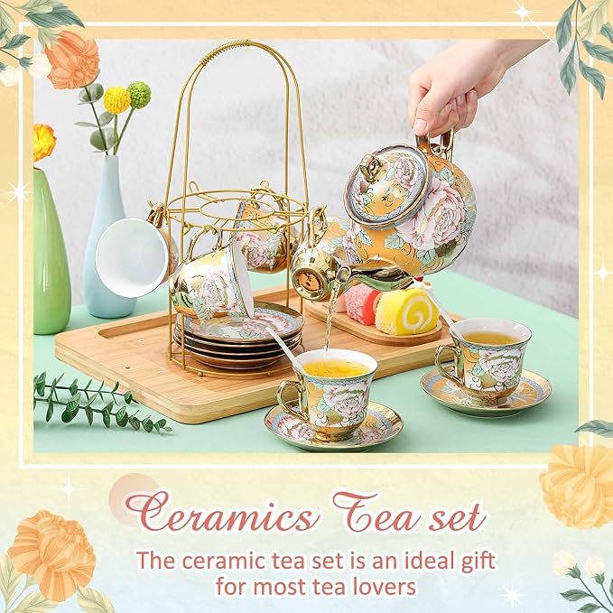 Zhehao 20 Pcs Porcelain Tea Set with Metal Holder and Spoon Adult Ceramic Tea Set European Flower Painting Teapot Cup Saucer Spoon for Women Mom Gift, Large Version (Classic Style)