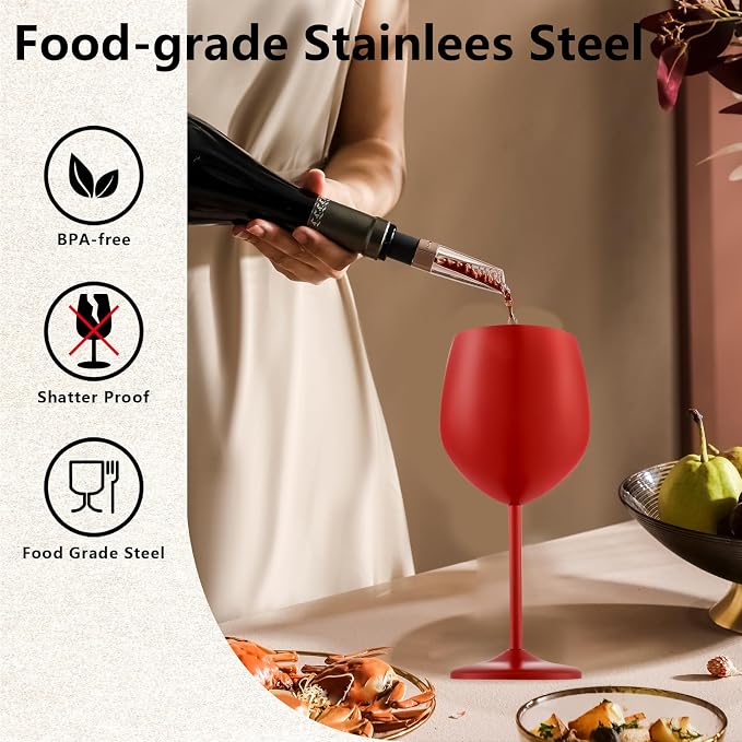 UNISWEET Unbreakable Stainless Steel Wine Glasses Set of 2, Matte Red | 17oz Unique Fancy Metal Wine Goblets, Shatterproof, Ideal for Outdoor, Camping, Travel, Pool, Great Gift for Wine Lovers