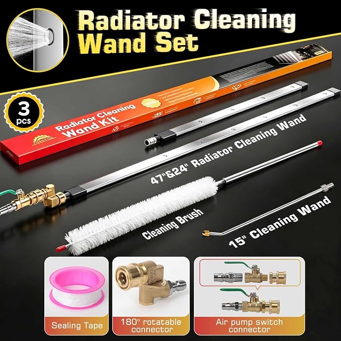 47" & 24”&15” Upgraded Radiator Cleaning Wand Set (3PCS) | 25° Fan Nozzles,Water&Air Dual-Use,4500 PSI Pressure,Stainless Steel Washer Tool for Car,Truck and Other Vehicles