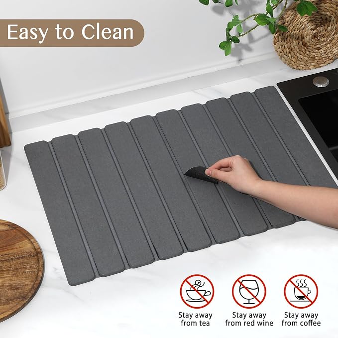 Large Stone Dish Drying Mat for Kitchen Counter, Thin & Light Quick Dry Stone Bath Mat, Foldable Water Absorbing Diatomite Drying Pad for Kitchen Bathroom Sink Countertop (Pure Gray 24"×16" & 8"x4")