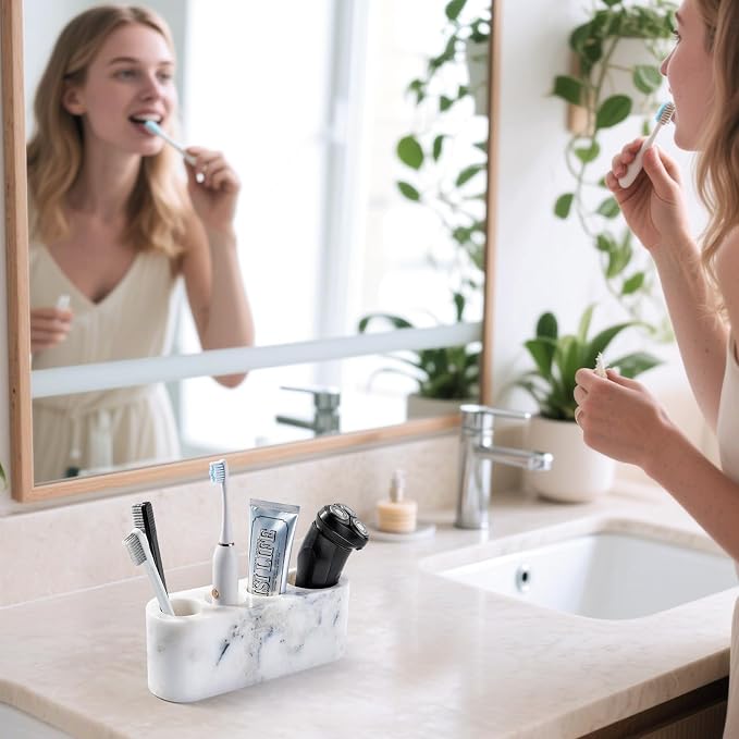 BCS Toothbrush Holder for Bathrooms, 4 Slots Marble Toothbrush and Toothpaste Holder Stand Bathroom Organizer Countertop for Electric Toothbrush, Floss, Razor, Comb(Grey)