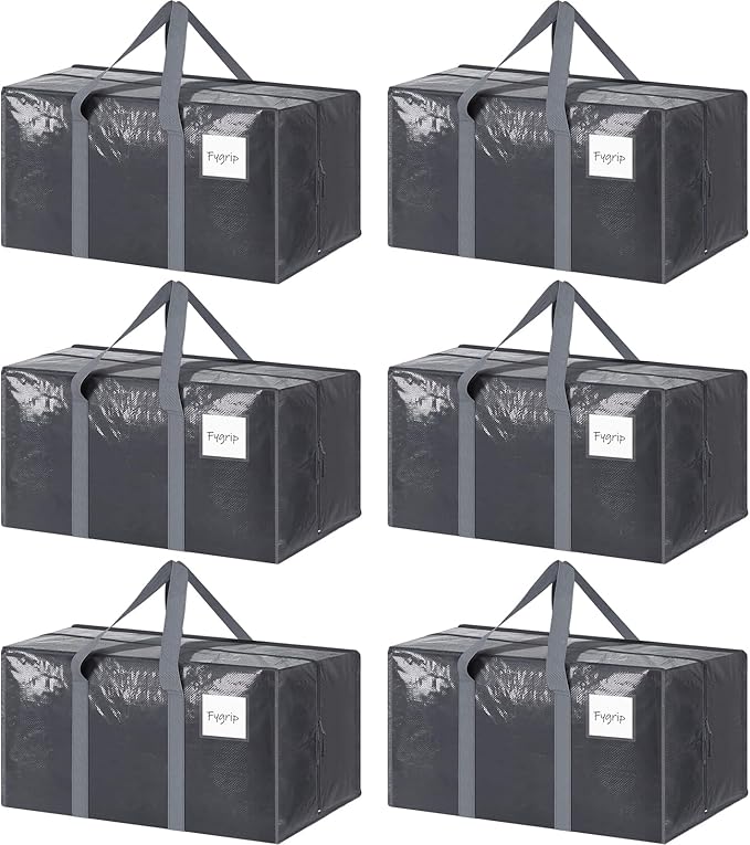 6 Pack Extra Heavy Duty Large Moving Bags with Strong Zipper, Gray | Comfortable Handles, Sturdy & Durable Clothes Storage Bags Totes Bins, Blue Packing Moving Boxes for College Supplies
