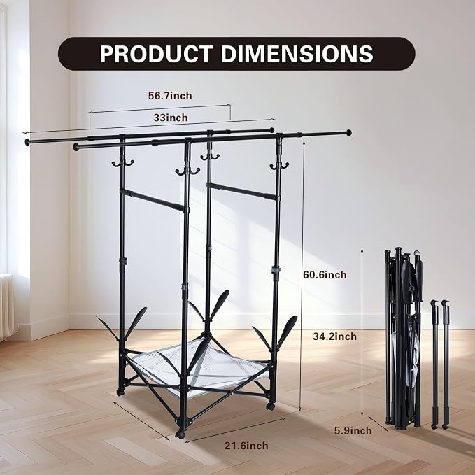 Foldable Drying Rack Clothing, Double Rod Extendable Clothes Drying Rack with Wheels, Sweater Drying Rack, Hat Rack, Shoes Drying Rack