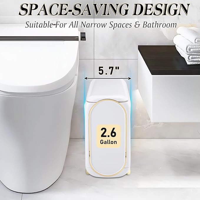 XLHOMO Bathroom Accessories Set, 9 Pieces White Bathroom Set, Bathroom Accessory Set with Slim Trash Can,Soap Dispenser,Toilet Brush,Toothbrush Set, Qtip Holders for Housewarming
